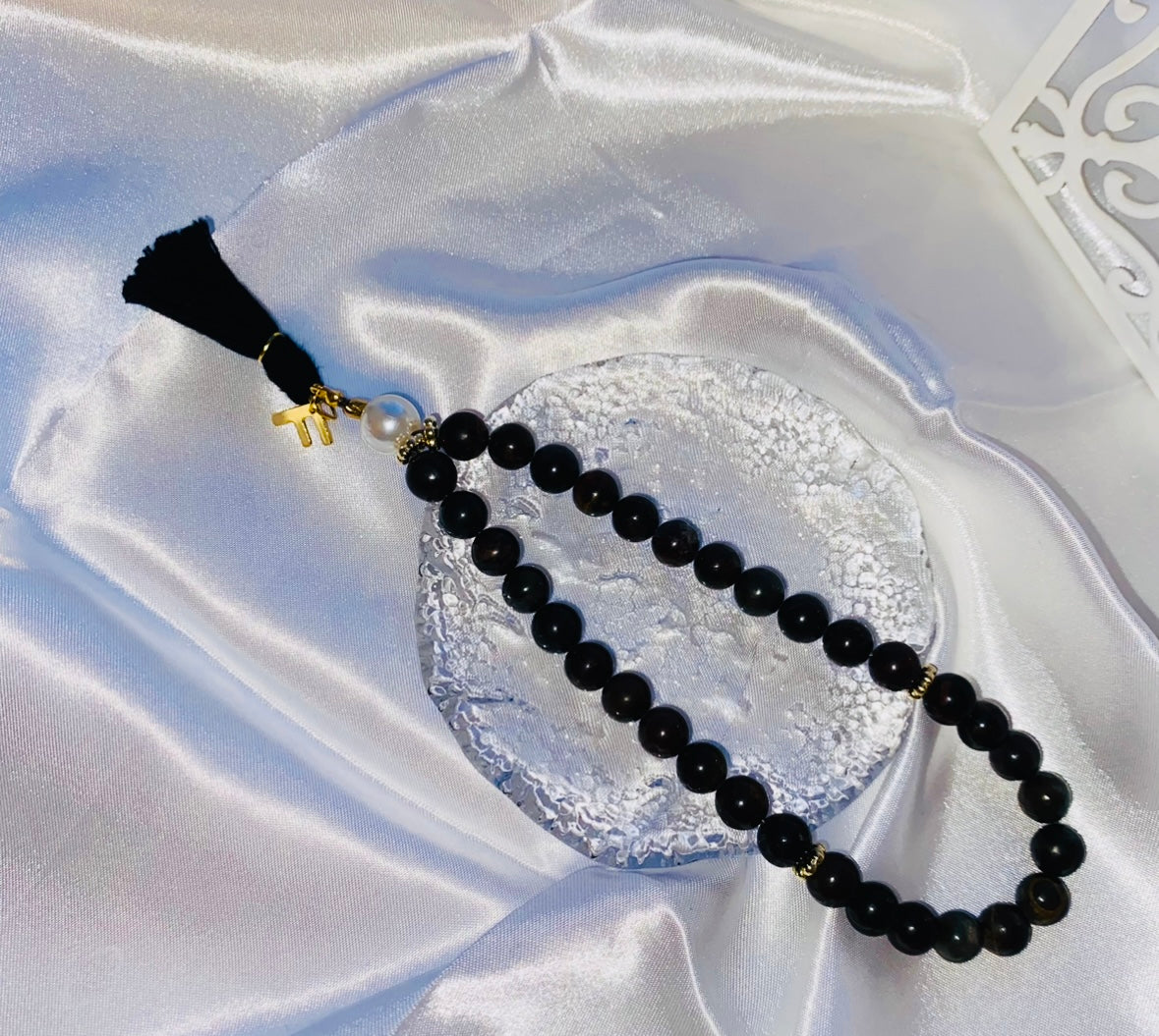 Tasbih med bogstav-Hvid perle